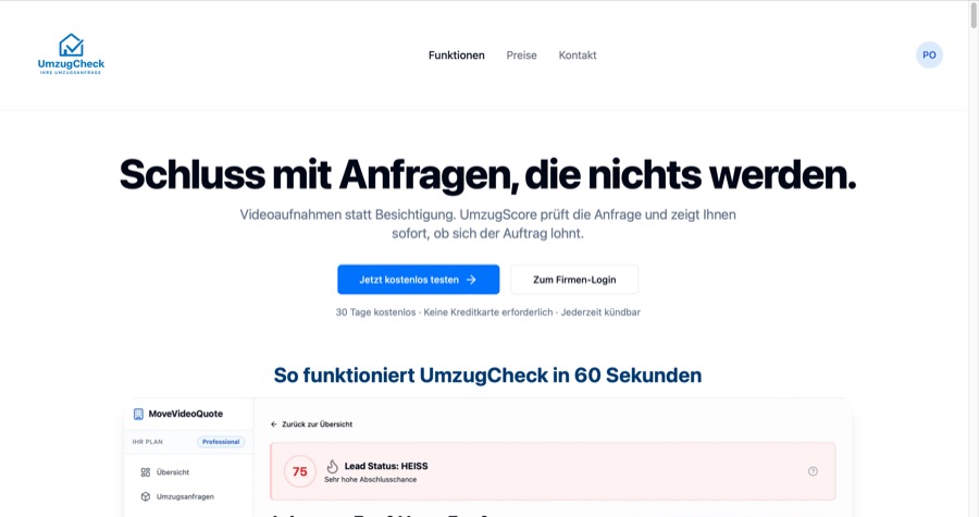 Website UmzugCheck – Web-Plattform für Umzugsfirmen